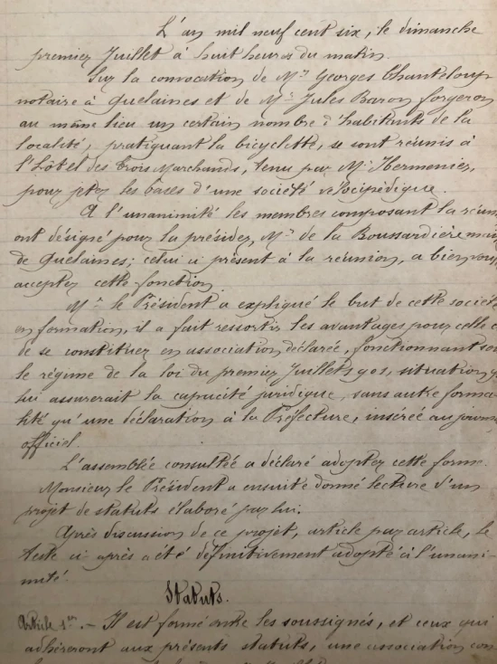 Les statuts de l'Union Vélocipédique de Quelaines en 1906